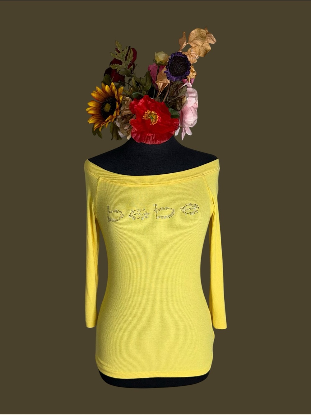 bebe Yellow Off-Shoulder Rhinestone Logo top